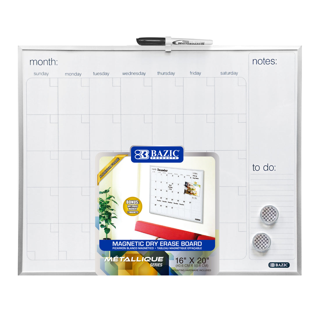 16" X 20" METALLIQUE Aluminum Frame Magnetic Dry Erase Calendar
