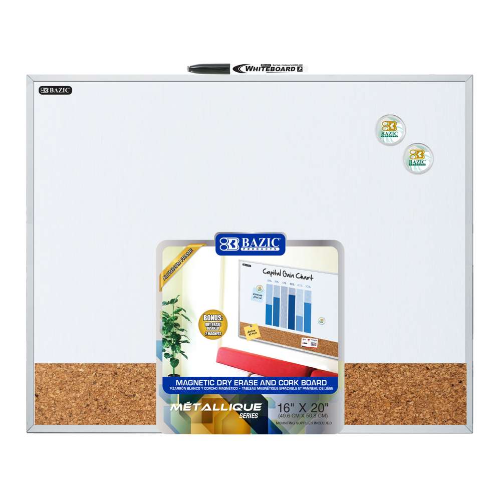 16" X 20" METALLIQUE Aluminum Frame Magnetic Dry Erase/Cork Combo Board