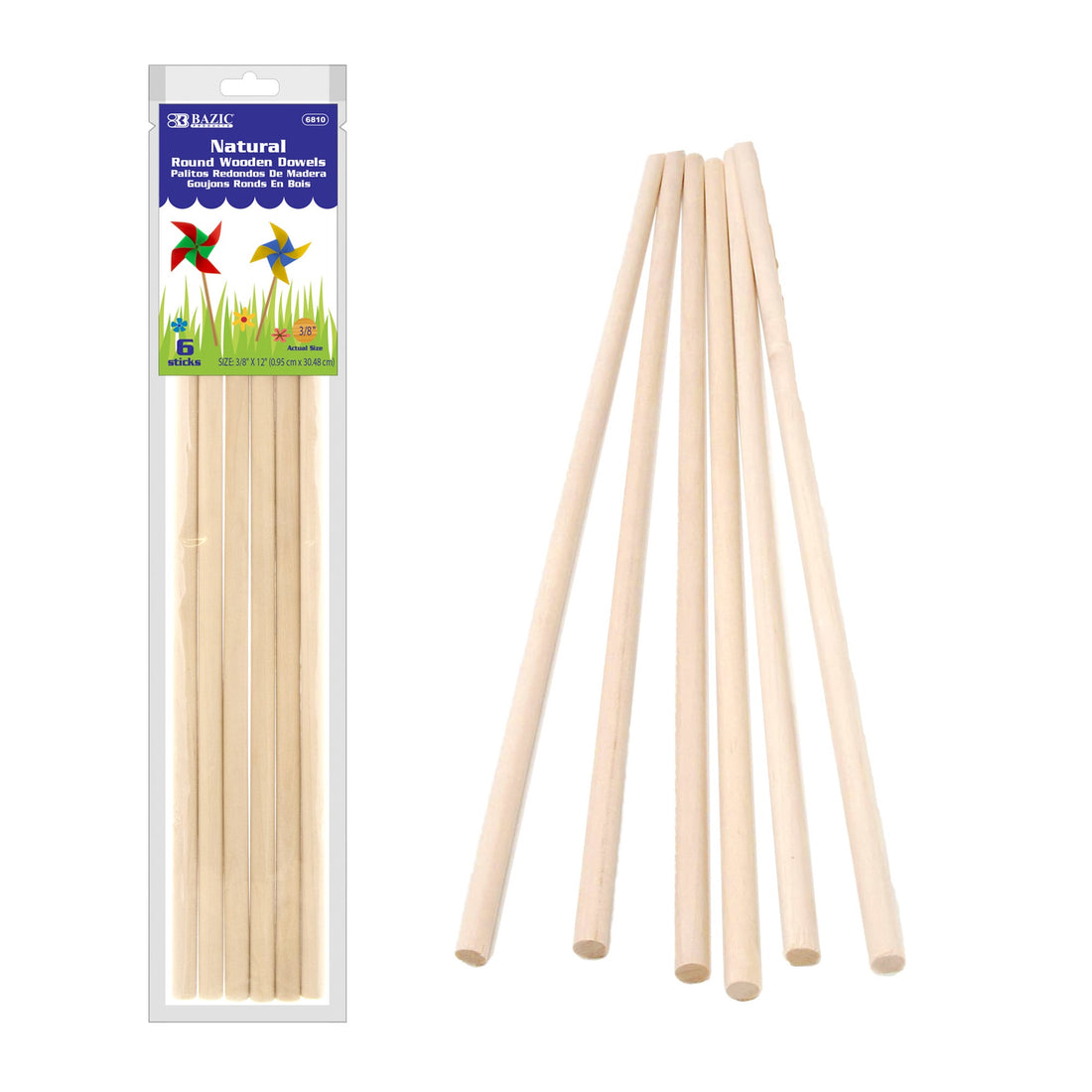 3/8" x 12" Round Natural Wooden Dowel (6/Bag)