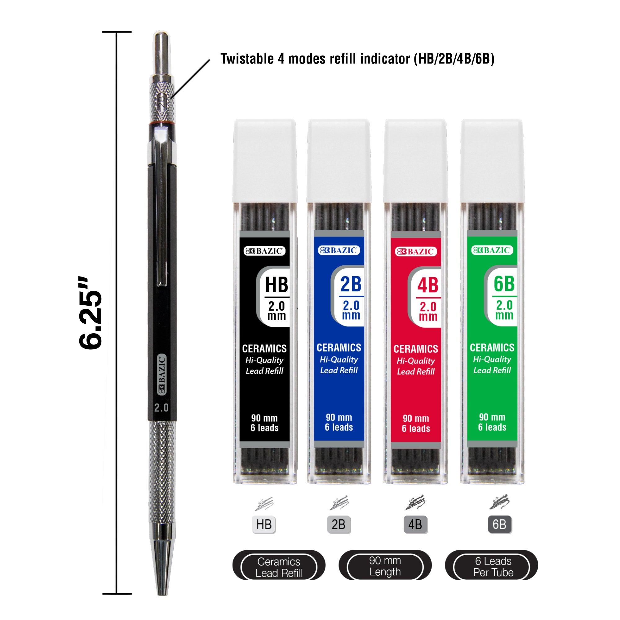2.0 mm Drawing &amp; Sketching Mechanical Pencil w/ Ceramic High-Quality HB 2B 4B 6B Lead