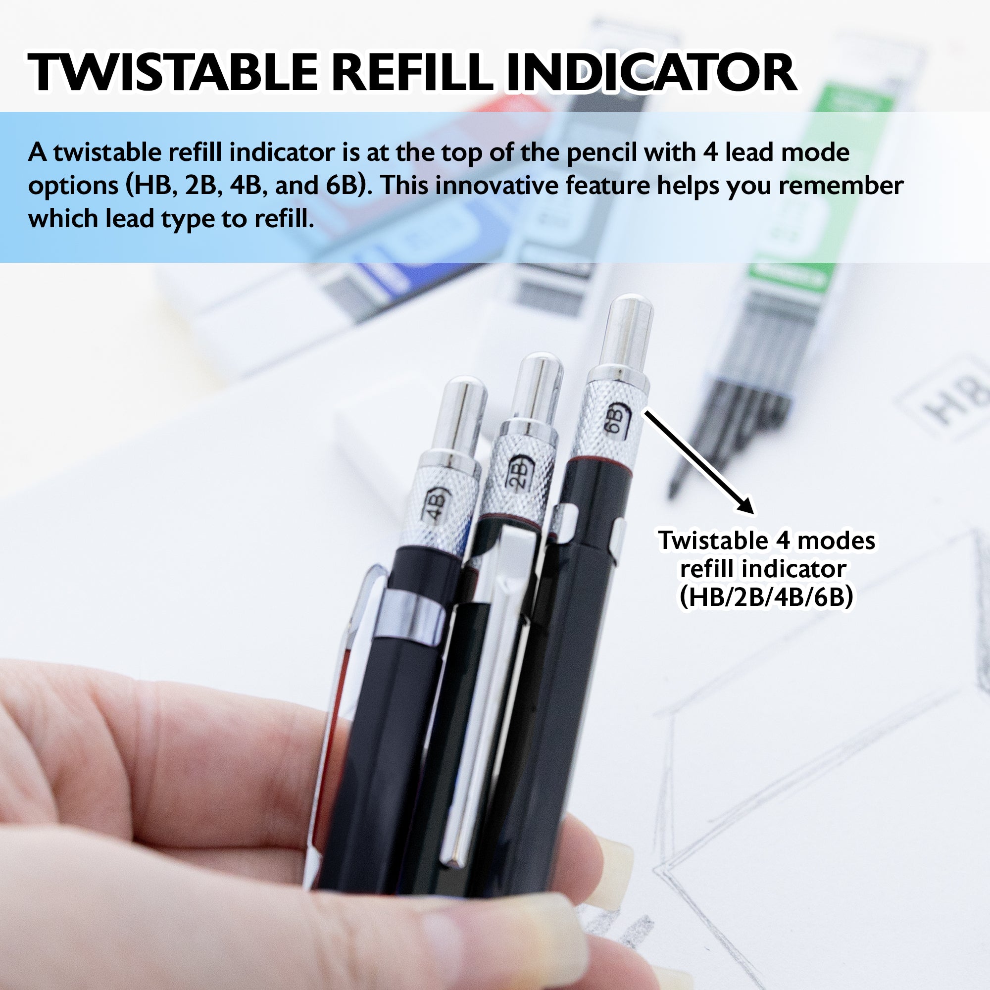 2.0 mm Drawing &amp; Sketching Mechanical Pencil w/ Ceramic High-Quality HB 2B 4B 6B Lead