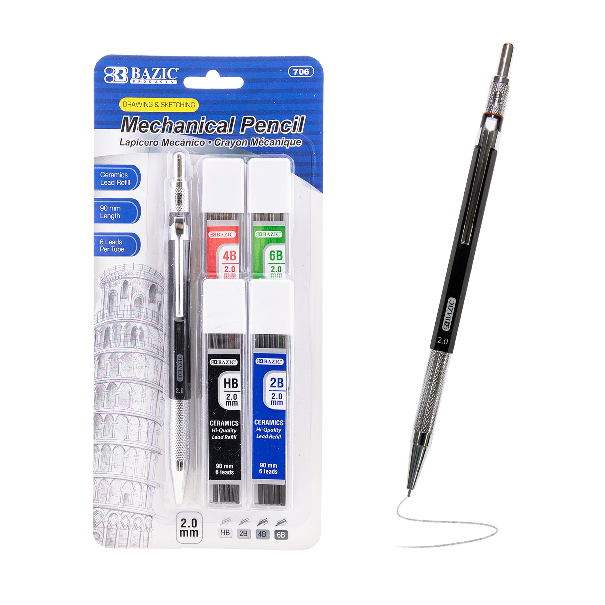2.0 mm Drawing &amp; Sketching Mechanical Pencil w/ Ceramic High-Quality HB 2B 4B 6B Lead