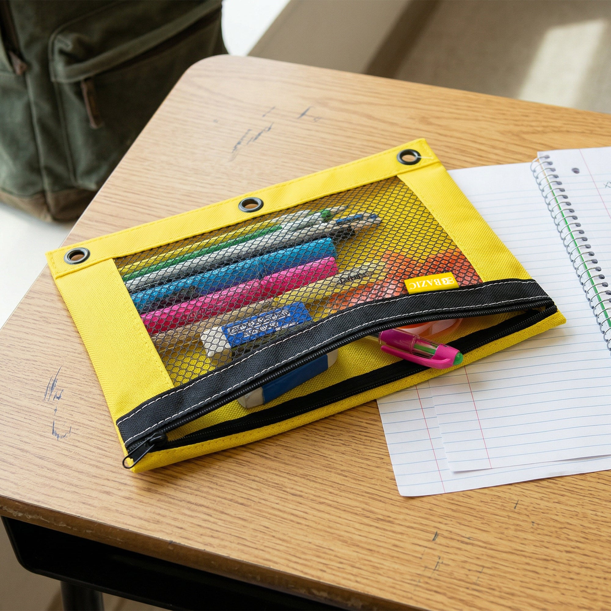 Bright Color 3-Ring Pencil Pouch w/ Mesh Window