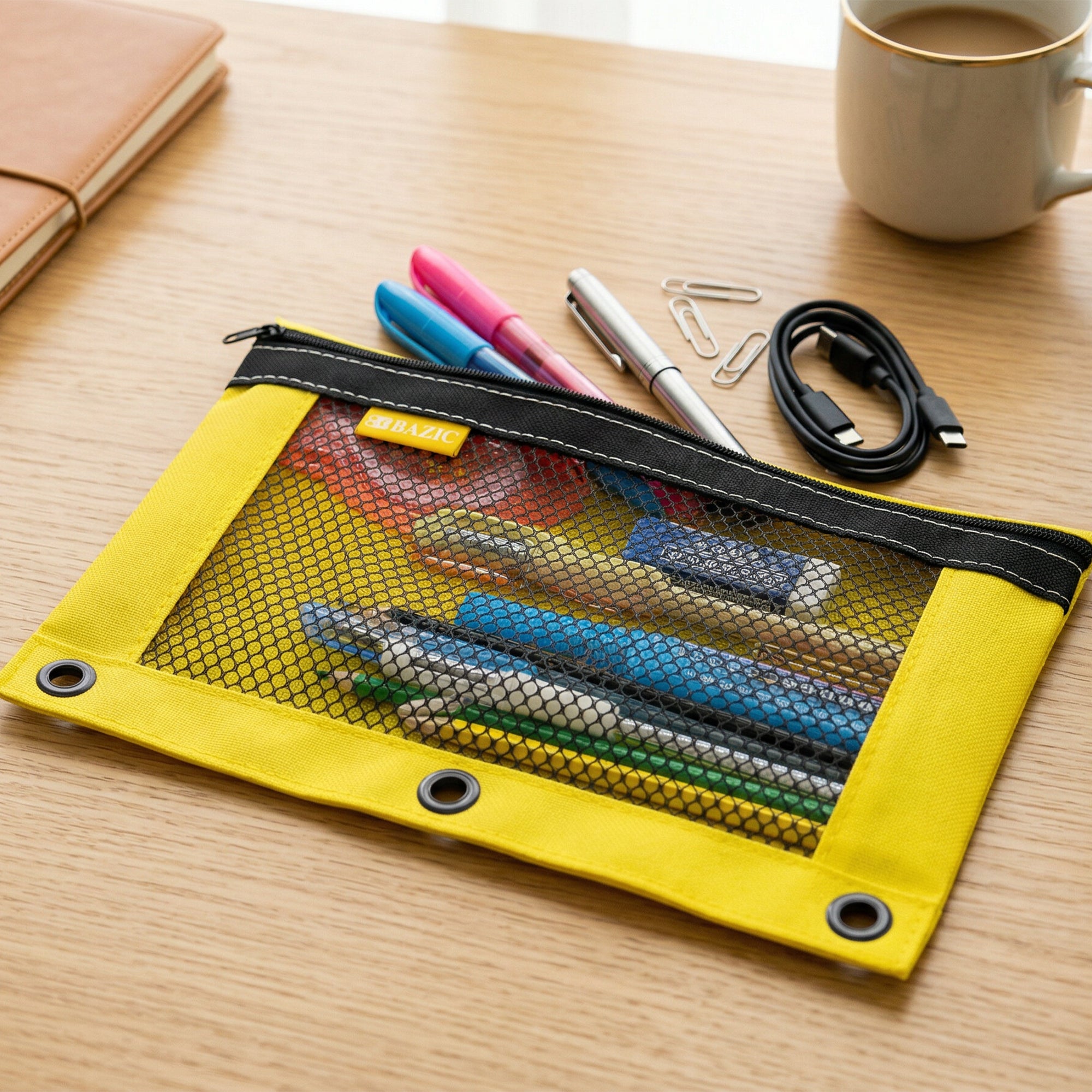 Bright Color 3-Ring Pencil Pouch w/ Mesh Window