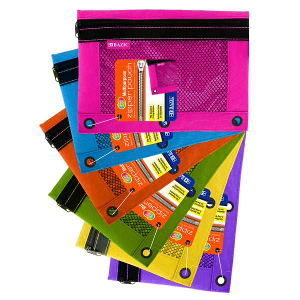 Bright Color 3-Ring Pencil Pouch w/ Mesh Window