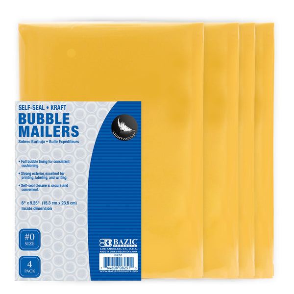 6" X 9.25" (#0) Self-Seal Bubble Mailers (4/Pack)