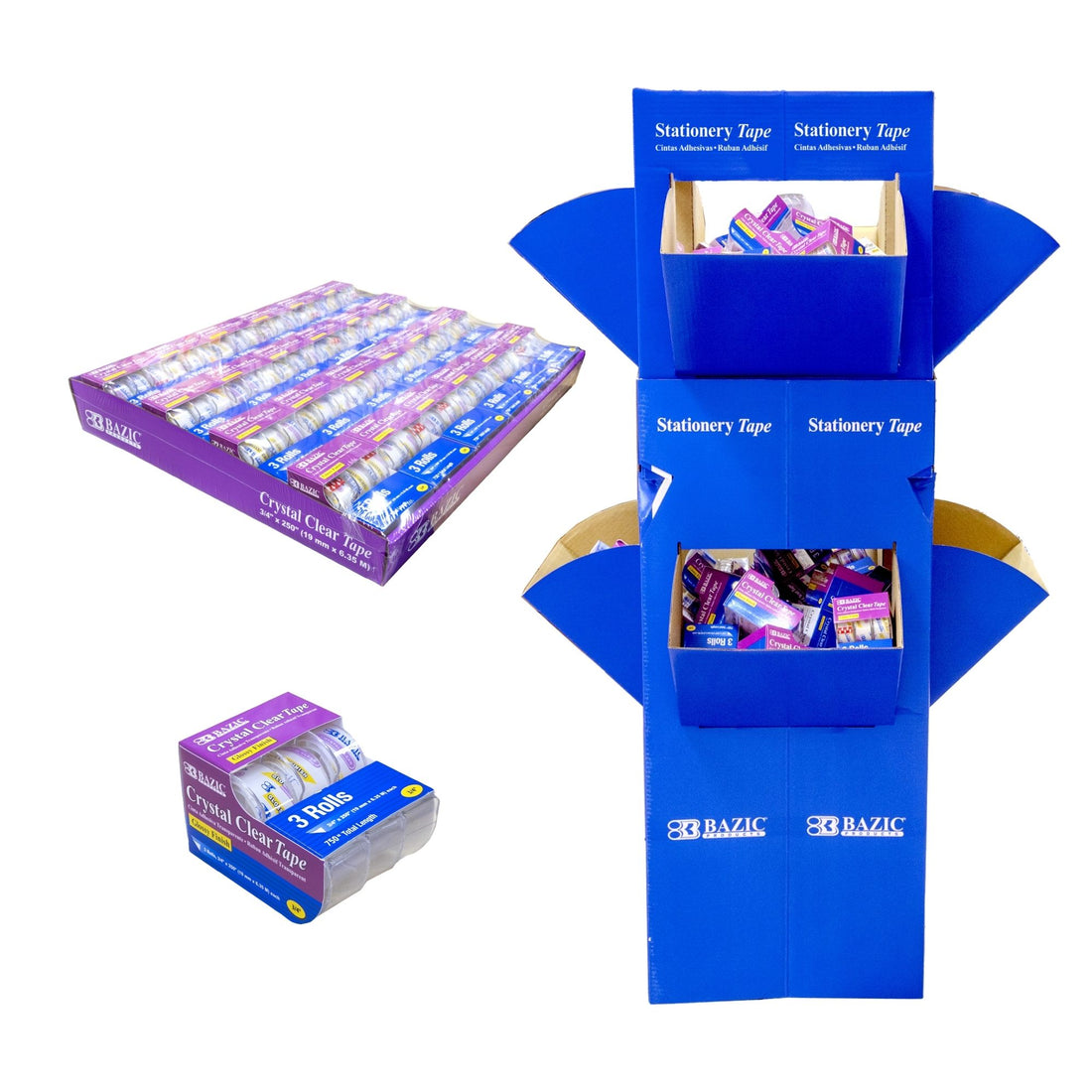 3/4" X 250" Crystal Clear Tape (3/Pack) w/ Floor Display