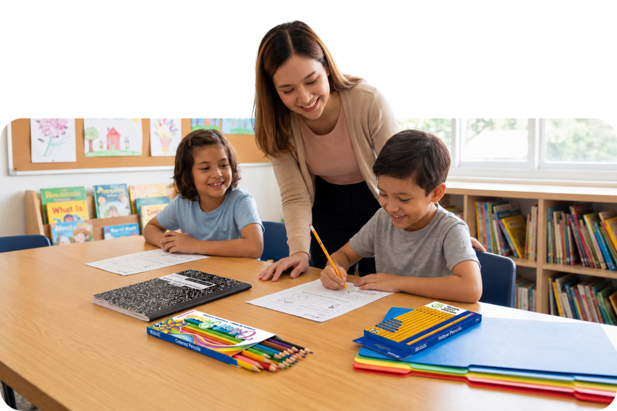 Smiling teacher helping two children with schoolwork at a classroom table with colored pencils, a composition notebook and folders